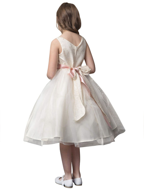 Petite Adele Big Girls Yellow Jacquard Tulle Tea Length Flower Girl Dress 8-12 - SophiasStyle.com